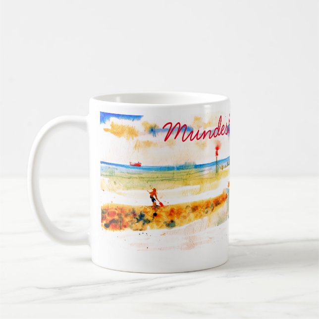 Red Boat and Beach in Mundesley, Norfolk Coffee Mug (Left)