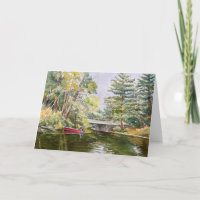 Red Boat in Mountain Lake Watercolor Fishing Card