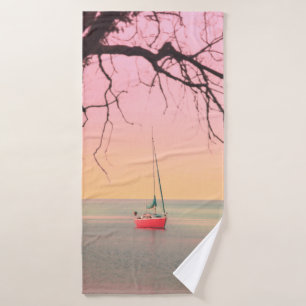 RED BOAT ON BEACH DURING SUNSET BATH TOWEL