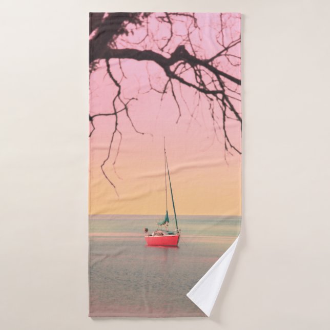 RED BOAT ON BEACH DURING SUNSET BATH TOWEL (Bath Towel)