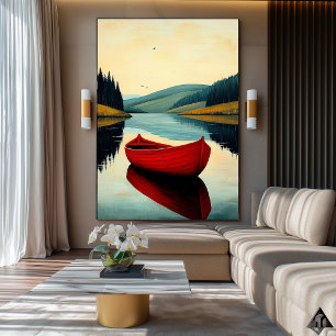 Red Boat Reflection – Naïf Serene Lake Art Poster