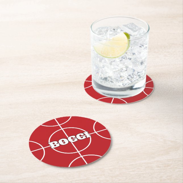 Red Bocci Ball custom paper drink coasters (Insitu)