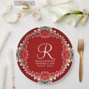Red Bohemian Batik Monogram V2 Wedding  Paper Plate