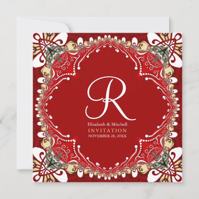 Red Bohemian Batik Monogram Wedding  Invitation (Front)