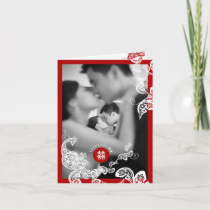 Red Boho Floral Peacock Double Xi Chinese Wedding Thank You Card