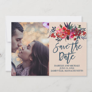 Red Boho Floral Photo Save the Date Card