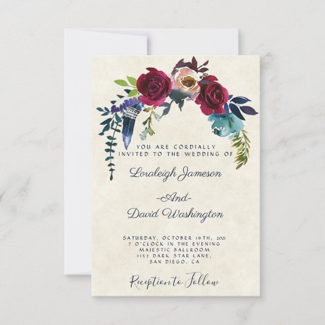 Red boho floral wedding invitation (Front)