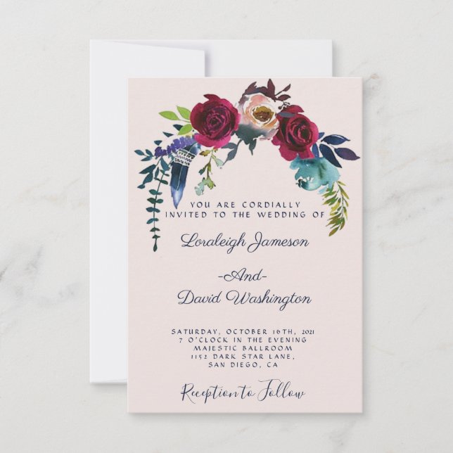 Red boho floral wedding invitation (Front)