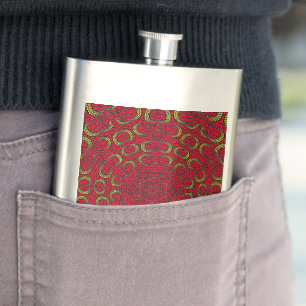 Red Boho Mandala Geometric Rosette Retro Hippie Hip Flask