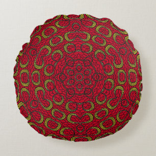 Red Boho Mandala Geometric Rosette Retro Hippie Round Cushion