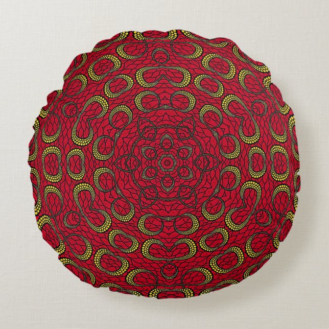 Red Boho Mandala Geometric Rosette Retro Hippie Round Cushion (Front)
