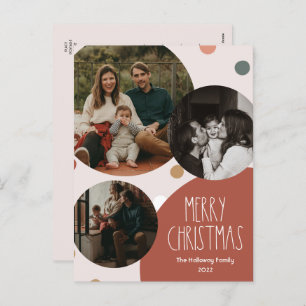 Red Boho Polka Dot Christmas Abstract Three-Photo Holiday Postcard