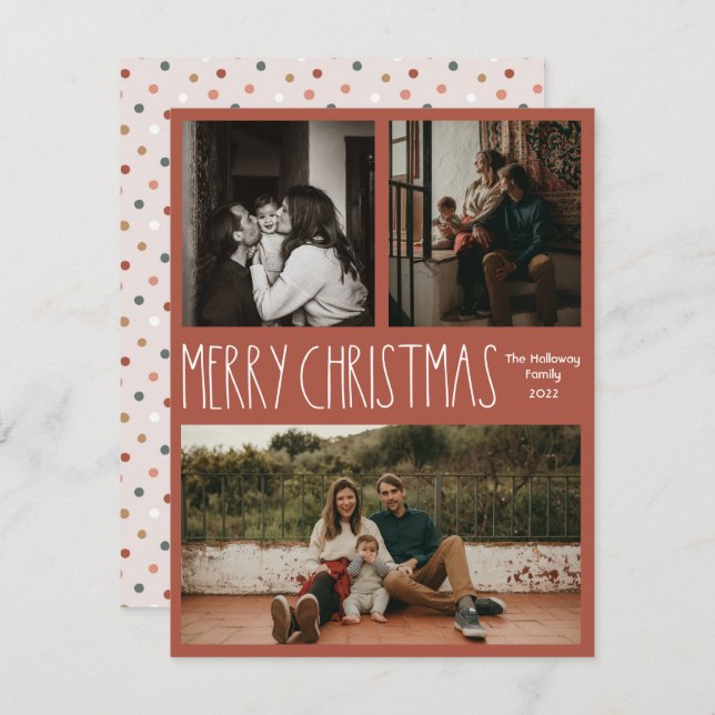Red Boho Polka Dot Christmas Classic Three-Photo Holiday Card (Front/Back)
