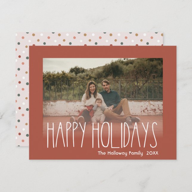 Red Boho Polka Dot Happy Holidays Faded Photo Holiday Card (Front/Back)
