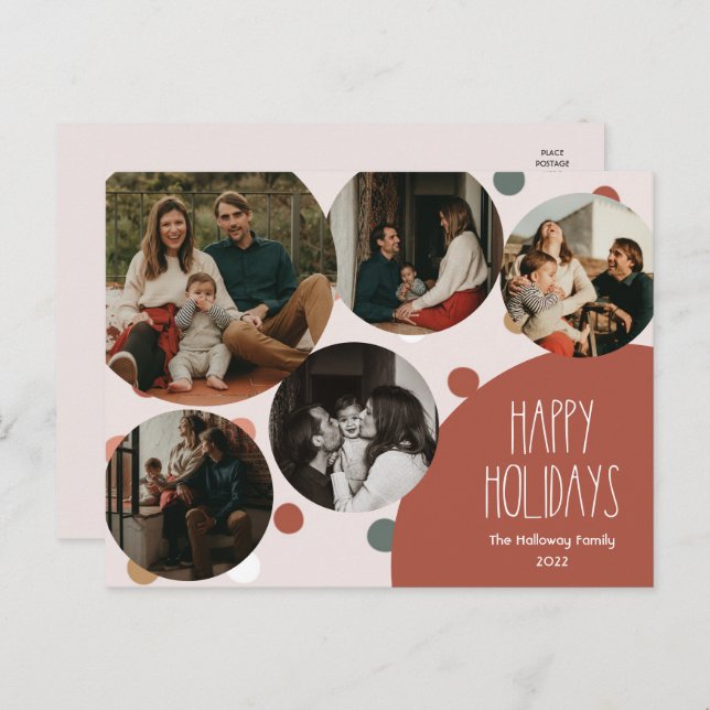 Red Boho Polka Dot Happy Holidays Five-Photo Holiday Postcard (Front/Back)
