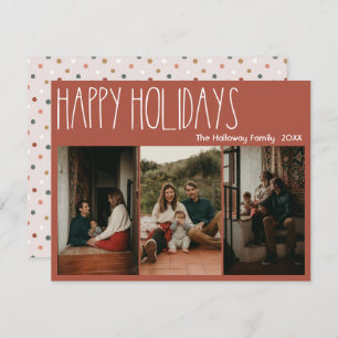 Red Boho Polka Dot Happy Holidays Three-Photo Holiday Card