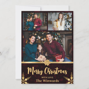 Red Bokeh and Gold Ribbon Family Photos Christmas Holiday Card