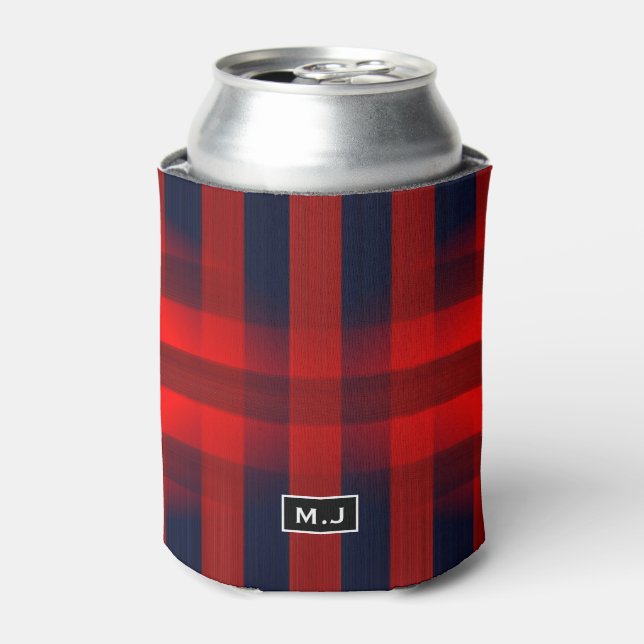 Red Bokeh Buffalo Plaid Monogram Can Cooler (Can Front)
