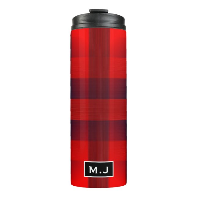 Red Bokeh Buffalo Plaid Monogram Thermal Tumbler (Front)