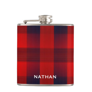 Red Bokeh Buffalo Plaid Personalised Hip Flask