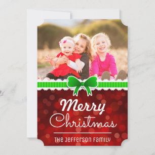 Red Bokeh Green Ribbon Christmas Custom Photo Card