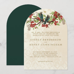 Red Bold Blooms Branch Vintage Birds Wedding Invitation