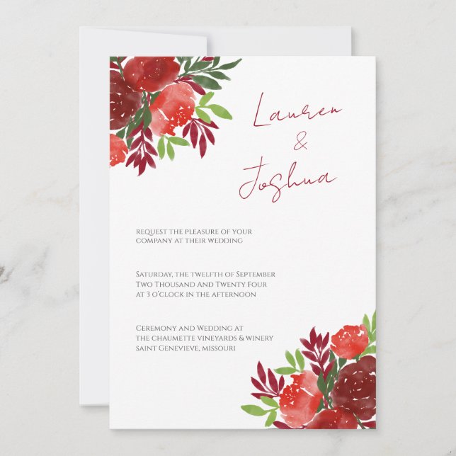 Red Bold Bright Floral Themed Wedding Invitation (Front)