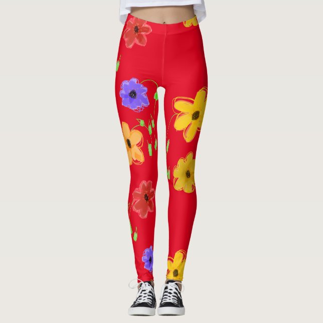 Red Bold Floral Leggings (Front)
