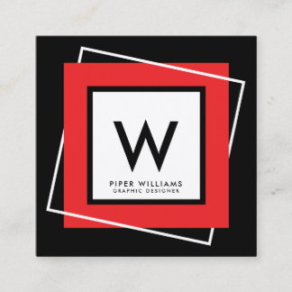 Red Bold Geometric Square Frame Monogram Square Business Card
