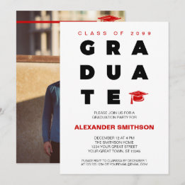 Red Bold GRADUATE Letters and Cap Graduation Invitation