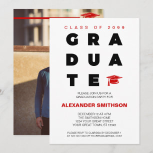Red Bold GRADUATE Letters and Cap Graduation Invitation