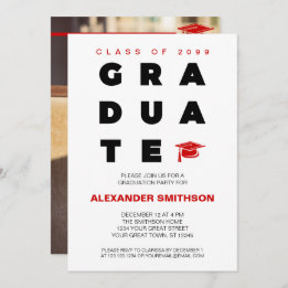 Red Bold GRADUATE Letters and Cap Graduation Invitation