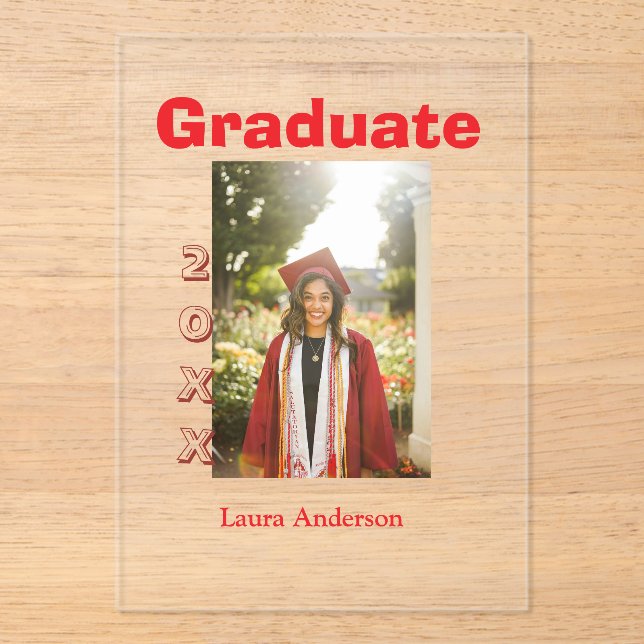 Red bold photo graduation add name class text acrylic invitations (Front)