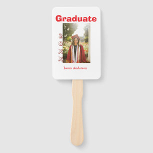 Red bold photo graduation add name class text hand fan