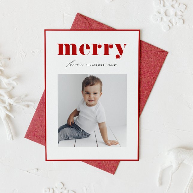 Red Bold Retro Merry Typography Photo Christmas Holiday Card (Celebrate the holidays with this stylish photo card featuring bold red "merry" retro lettering.)