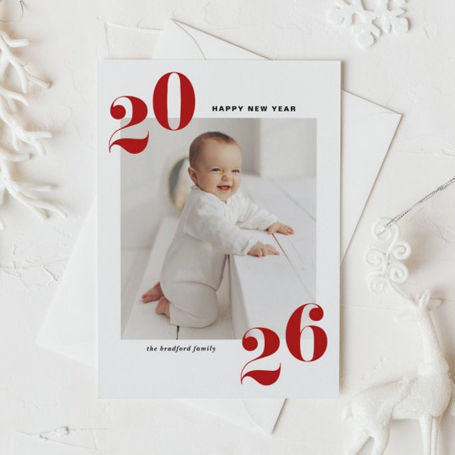 Red Bold Typography 2025 New Year Photo Holiday Postcard (Customizable photo Happy New Year postcard featuring 2026 in red retro bold typography.)