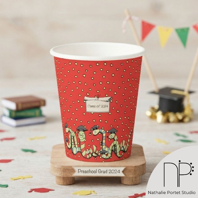 Red Bookworm Graduation Paper Cups (These Red Bookworm Graduation Paper Cups feature hand-drawn graduate worms and yellow polka dots.)