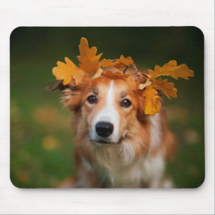 Red Border Collie With a Garland of Autumn Leaves Mouse Pad