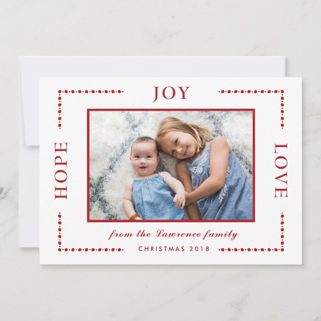 Red Border Hope Joy Love Christmas Photo Holiday Card (Front)