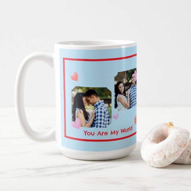 Red Border PHOTO Blue Valentine's Day NAME Coffee Mug (With Donut)