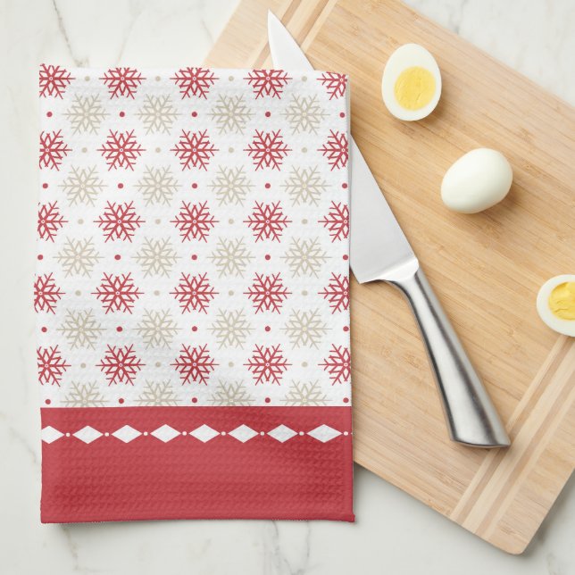 Red Border Snowflake Pattern Holiday Tea Towel (Quarter Fold)