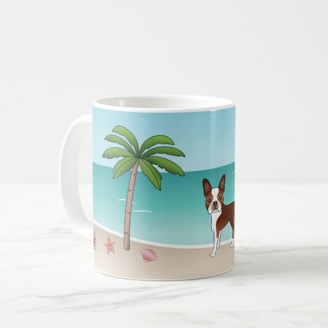 Red Boston Terrier At A Tropical Summer Beach Coffee Mug (Front Left)
