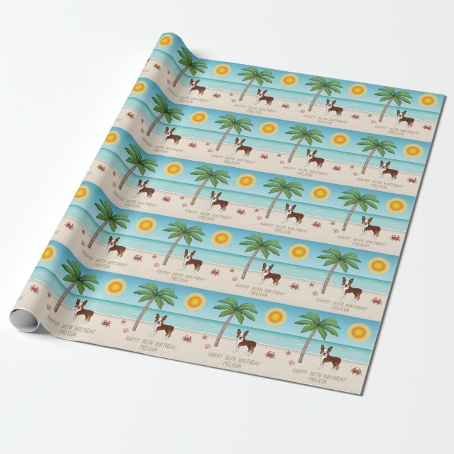 Red Boston Terrier At A Tropical Summer Beach Wrapping Paper (Unrolled)