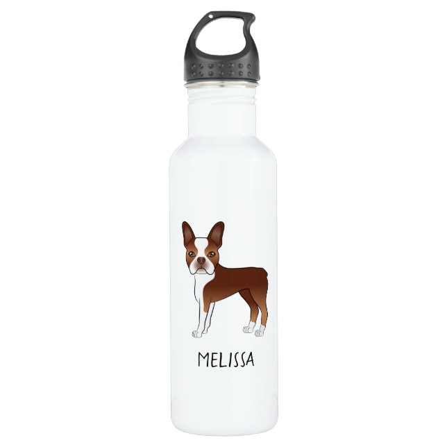 Red Boston Terrier Cartoon Dog & Your Custom Name 710 Ml Water Bottle (Front)