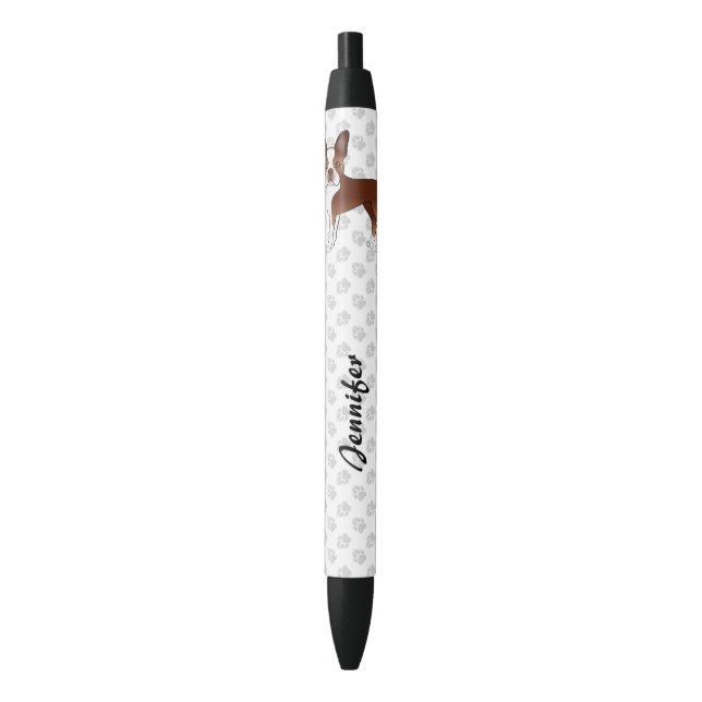 Red Boston Terrier Cute Cartoon Dog & Custom Name Black Ink Pen (Front Vertical)