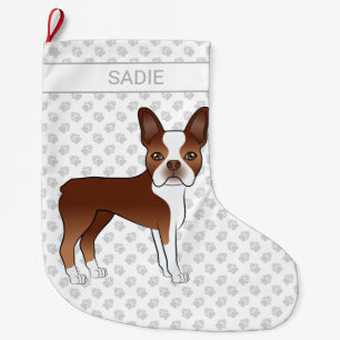 Red Boston Terrier Cute Cartoon Dog & Custom Name Large Christmas Stocking