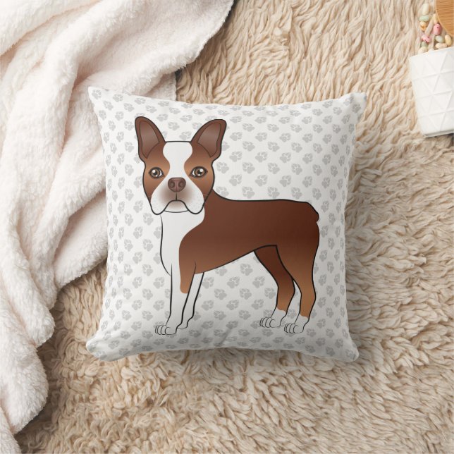 Red Boston Terrier Cute Cartoon Dog Drawing & Paws Cushion (Blanket)