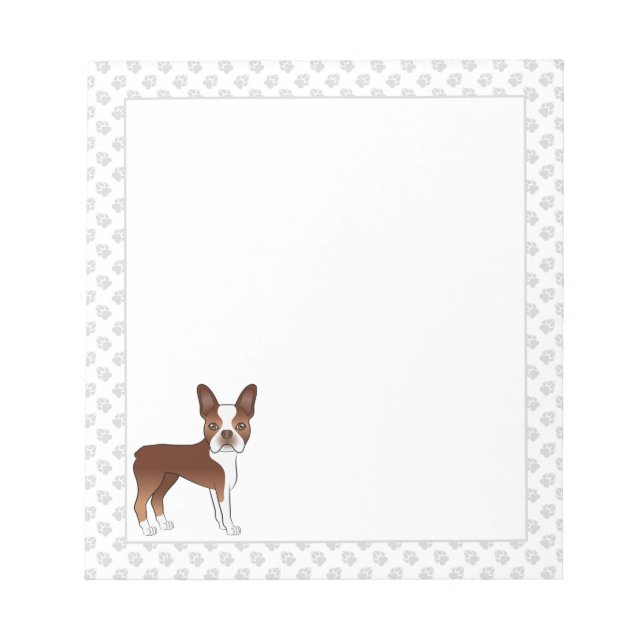 Red Boston Terrier Cute Cartoon Dog & Grey Paws Notepad (Front)