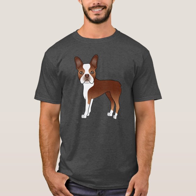 Red Boston Terrier Cute Cartoon Dog Illustration T-Shirt (Front)