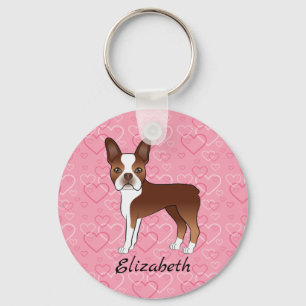 Red Boston Terrier Dog On Pink Hearts And Name Key Ring